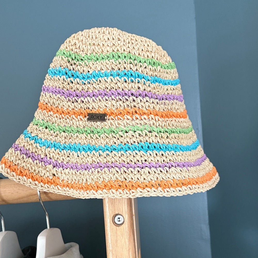 Roxy Cream Straw Bucket Hat with Orange, Blue, Green & Purple Stripes